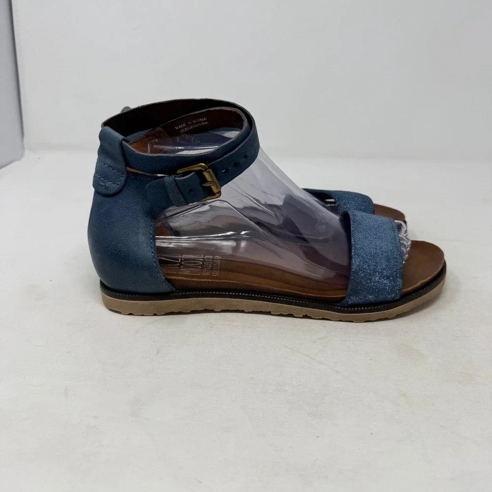 Miz Mooz Verona Collection Sandals Blue 9 Leather Ankle Strap Metallic Flat